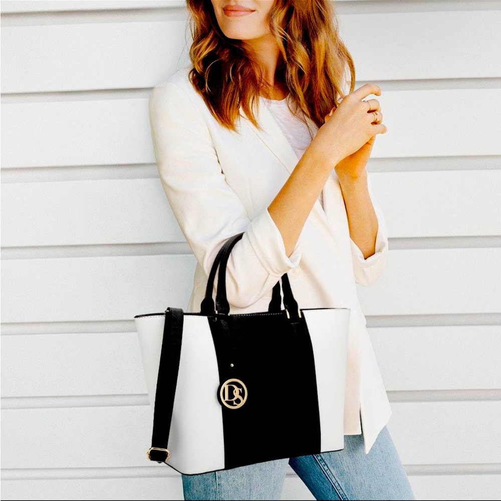 Dasein Vegan Saffiano Leather (PU) Color Block Large Tote Bag